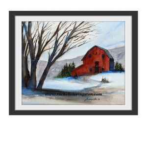 SET of THREE Barns PRINTS. Prints of barn. Cabin wall art. Watercolor painting of red barn. Rural Art Prints. County. Gift under 30. Snowy image 3