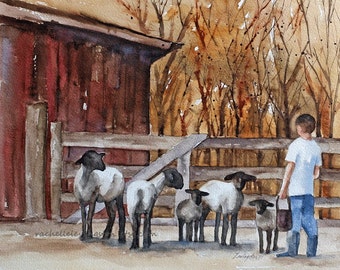 for him Sheep painting farm painting sheep print of sheep lamb Folk art autumn painting fall decor fall harvest room decor wall  gold red