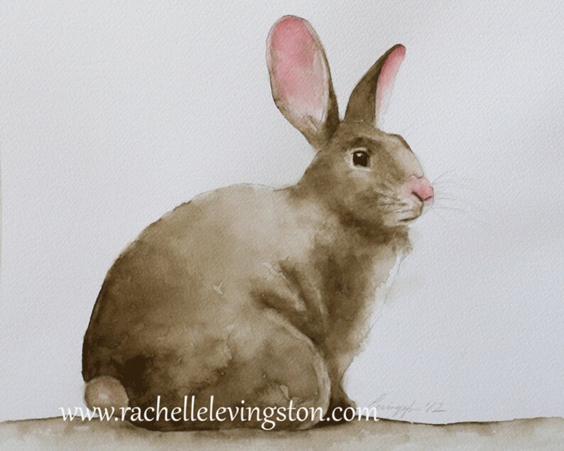May include: Watercolor painting of a brown rabbit with pink ears sitting on a white background. The rabbit is looking to the right of the image. The artist's signature is visible in the bottom right corner.