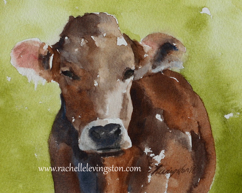 painting of cow painting folk art painting folk art animal painting watercolor brown cow PRINT wall decor nursery art boy You pick image 7