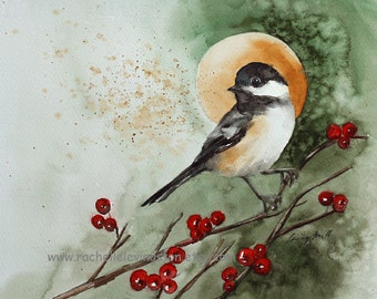 Painting of Chickaee Bird- Christmas decoration _ Chickadee art Print- Green Christmas Wall Art Print- Christmas bird painting