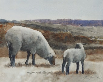 Mother and Baby Lamb Watercolor Art Print - Sheep Painting