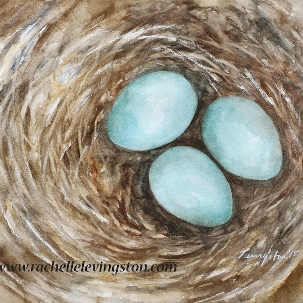 Mom gift-  watercolor bird painting- Watercolor Nest PRINT-Robin Painting of nest wall art Bird Nest PAINTING egg blue 3 eggs.  For her