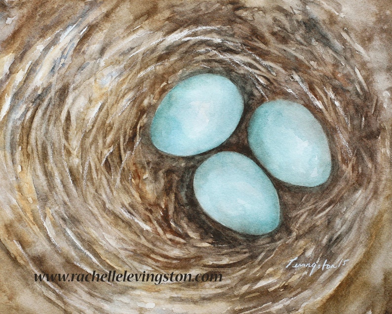 Mom gift watercolor bird painting Watercolor Nest PRINT-Robin Painting of nest wall art Bird Nest PAINTING egg blue 3 eggs. For her image 1