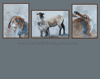 Woodland Baby Shower decor. Watercolor painting of sheep and brown bunny. Nuetral Nursery Decor Watercolor farm art. Set Blue Gray