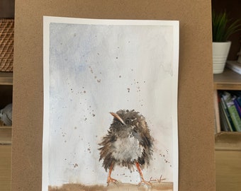 Baby bird Original watercolor painting of baby bird-ORIGINAL baby bird painting- Small original painting of wren on branch 5x7