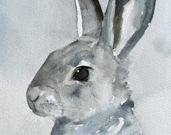 Farmhouse Easter art Print Bunny Watercolor Print of Gray Bunny- Easter bunny decor. Realistic bunny painting  YOUR CHOICE