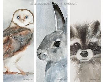 Watercolor Animal Bookmarks: Owl, Bunny, Raccoon (Digital Download)