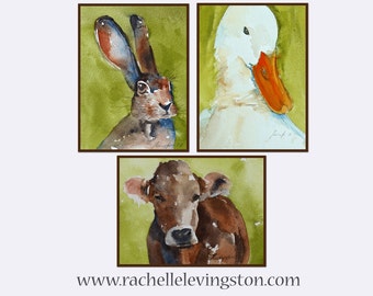 Large nursery Wall Art cow artwork watercolor painting of cow nursery room decor PRINT SET poster duck bunny art farm animal painting