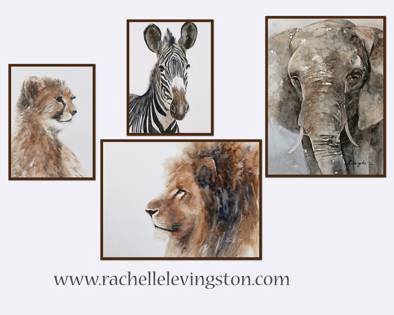 Set of watercolor animals for nursery WATERCOLOR paintings of African animals. Set of Elephant painting. Elephant PRINT cheetah lion zebra image 1