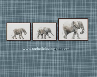 Elephant Watercolor Print Set: African Nursery Art, Playroom Decor
