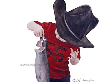 Cowboy Art Print- Baby boy wall art from original cowboy painting holding fish in watercolor- Toddler room decor Red brown Nursery art PRINT
