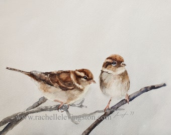 Peinture à l'aquarelle de moineau, IMPRESSION D'ART AQUARELLE de deux oiseaux sur une branche - impression d'Art d'hiver de peinture d'oiseau aquarelle