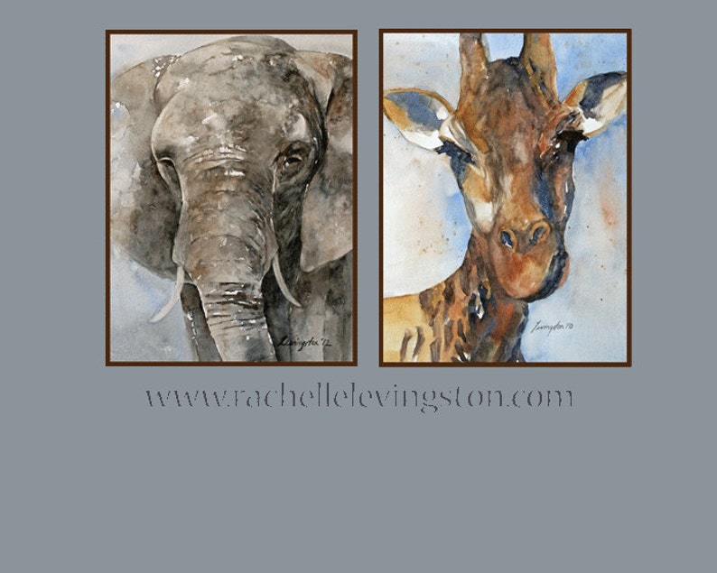 Painting giraffe in watercolor painting. Giraffe art for nursery room decor. Nursery PRINT SET elephant wall art animal boy toddler 11x14 image 1