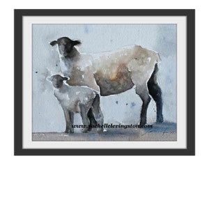 May include: Watercolor painting of a mother sheep and her lamb standing side by side. The sheep are light brown with black faces and legs. The background is a light blue with white speckles.