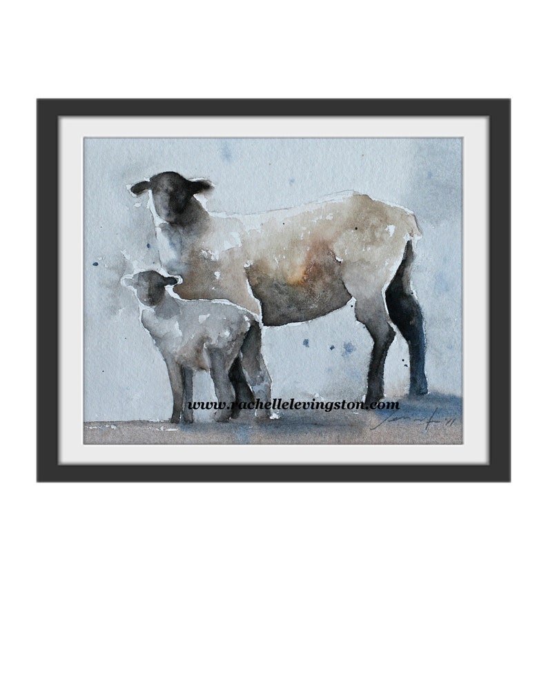 May include: Watercolor painting of a mother sheep and her lamb standing side by side. The sheep are light brown with black faces and legs. The background is a light blue with white speckles.