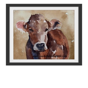 Brown Cow PRINT. Folk art painting of cow. for him fathers gift. Watercolor cow painting. Watercolor animal painting. farmhouse decor image 5