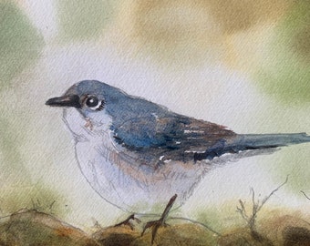 Original bird Painting in watercolor- Small original painting of blue bird PAINTING Gnatcatcher Blue Gray 8x10