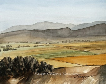 Watercolor Landscape PRINT of fields-Watercolor Fine Art PRINT-Original Watercolor Landscape Painting-Utah Landscape painting Fields in Fall