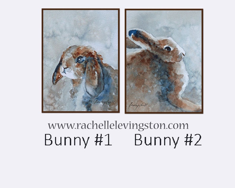 Puede incluir: Dos acuarelas de conejos. La primera pintura muestra un conejo marr&oacute;n y blanco con ojos azules mirando hacia la derecha. La segunda pintura muestra un conejo marr&oacute;n con orejas azules mirando hacia la izquierda. Ambas pinturas tienen un fondo azul claro.