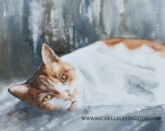 Sleeping Cat Art Print: Orange White Watercolor Painting