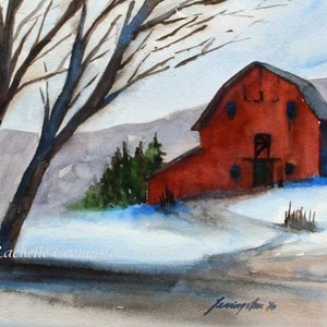 SET of THREE Barns PRINTS. Prints of barn. Cabin wall art. Watercolor painting of red barn. Rural Art Prints. County. Gift under 30. Snowy image 6