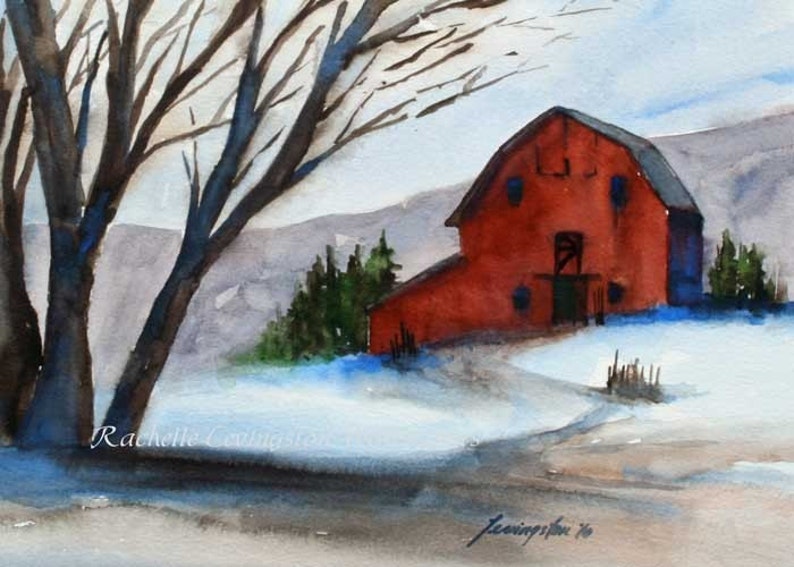 SET of THREE Barns PRINTS. Prints of barn. Cabin wall art. Watercolor painting of red barn. Rural Art Prints. County. Gift under 30. Snowy image 6