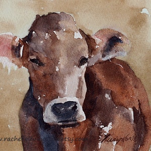 painting of cow painting folk art painting folk art animal painting watercolor brown cow PRINT wall decor nursery art boy You pick image 6