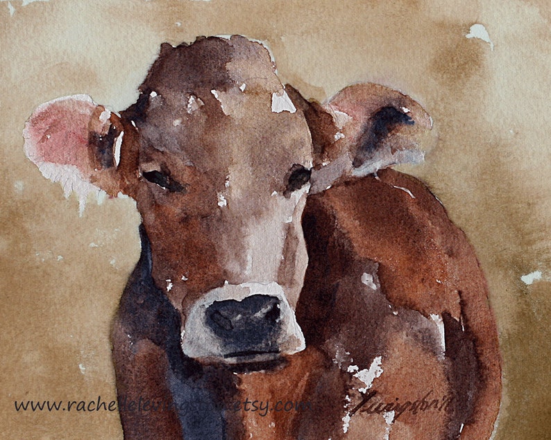 painting of cow painting folk art painting folk art animal painting watercolor brown cow PRINT wall decor nursery art boy You pick image 6