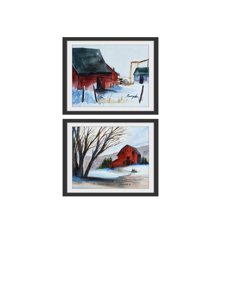 SET of THREE Barns PRINTS. Prints of barn. Cabin wall art. Watercolor painting of red barn. Rural Art Prints. County. Gift under 30. Snowy 画像 7