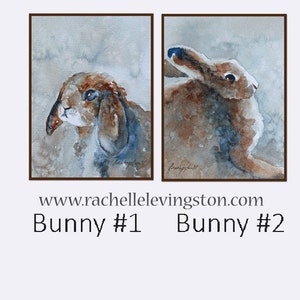 K&ouml;nnte beinhalten: Zwei Aquarelle von Kaninchen. Das erste Bild zeigt ein braunes und wei&szlig;es Kaninchen mit blauen Ohren, das nach links schaut. Das zweite Bild zeigt ein braunes Kaninchen mit blauen Ohren, das nach rechts schaut. Beide Bilder haben einen hellblauen Hintergrund.