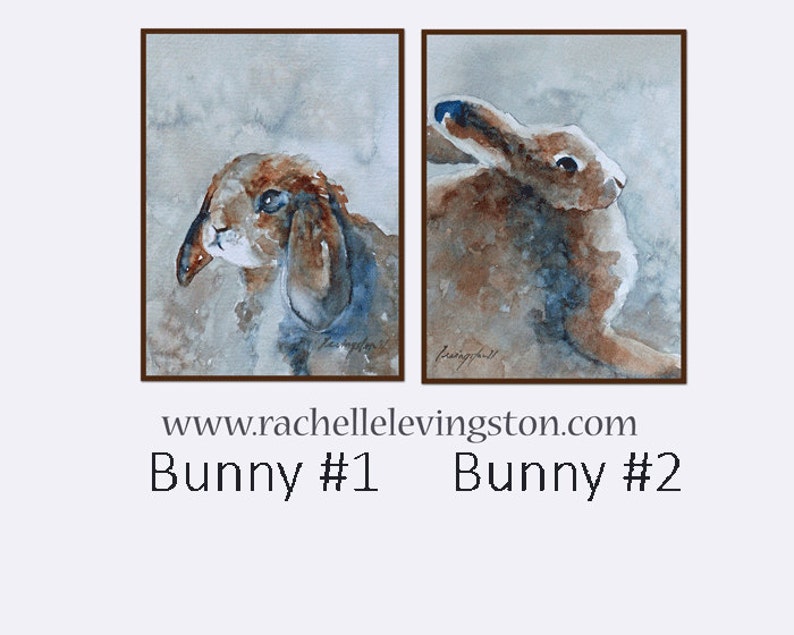 K&ouml;nnte beinhalten: Zwei Aquarelle von Kaninchen. Das erste Bild zeigt ein braunes und wei&szlig;es Kaninchen mit blauen Ohren, das nach links schaut. Das zweite Bild zeigt ein braunes Kaninchen mit blauen Ohren, das nach rechts schaut. Beide Bilder haben einen hellblauen Hintergrund.