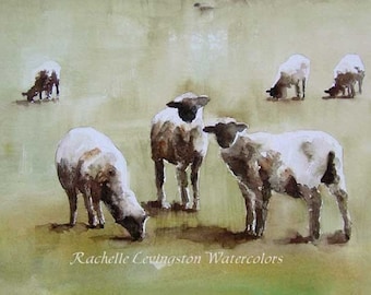 Watercolor SHEEP Painting of sheep in Pasture- Watercolor painting of Lamb PRINT- Watercolor sheep PRINT-Farmhouse decor
