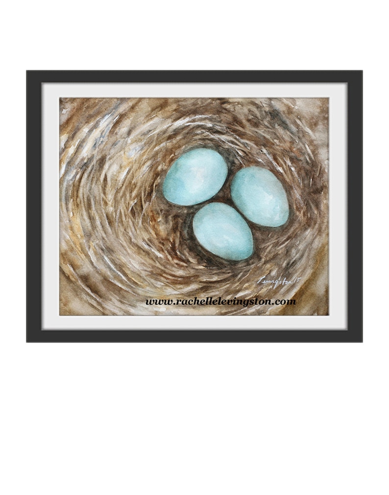 Mom gift watercolor bird painting Watercolor Nest PRINT-Robin Painting of nest wall art Bird Nest PAINTING egg blue 3 eggs. For her image 3