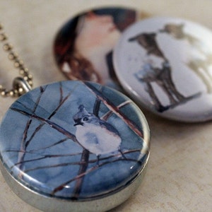 Polarity Locket (white black sheep necklace, blue bird necklace, girl portrait painting Interchangeable Set I Paintings by levingston