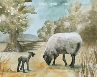 Art PRINT of sheep.  Spring landscape painting in Watercolor. Spring farmhouse decor. Spring art PRINT. Spring decor. Spring decoration