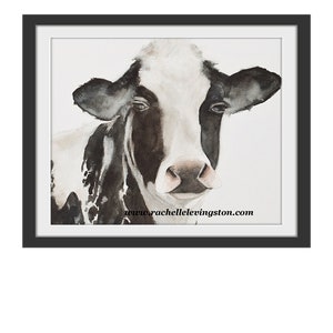 May include: Watercolor painting of a black and white cow with a gentle expression. The cow's head and neck are visible, with a white background.