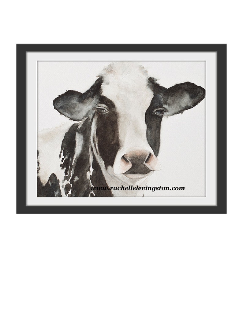 May include: Watercolor painting of a black and white cow with a gentle expression. The cow's head and neck are visible, with a white background.