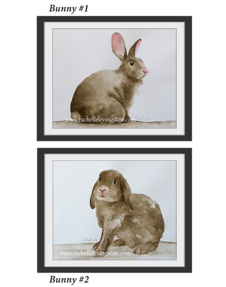 May include: Two watercolor paintings of brown rabbits. The first rabbit is sitting with its ears up and looking to the right. The second rabbit is sitting with its ears down and looking at the viewer. Both rabbits are painted in a realistic style with soft, muted colors.