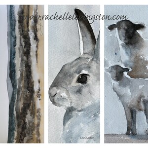 May include: A watercolor painting of a rabbit and a sheep. The rabbit is gray and has a black eye. The sheep is white with black markings. The background is a light blue.