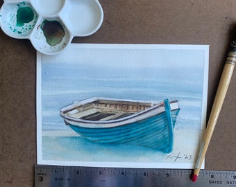 Original Boat painting- Orginal watercolor of boat- Small blue boat PAINTING- Ocean painting