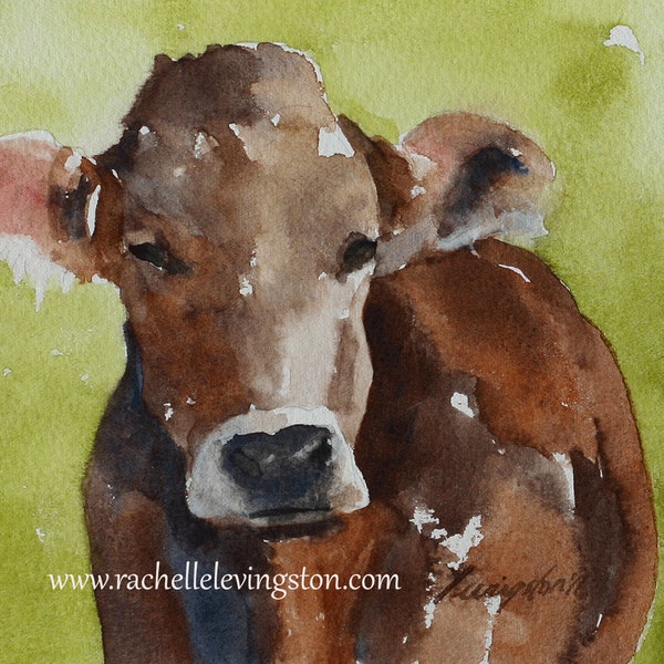 Brown Cow Watercolor Painting: Farmhouse Animal Art Print