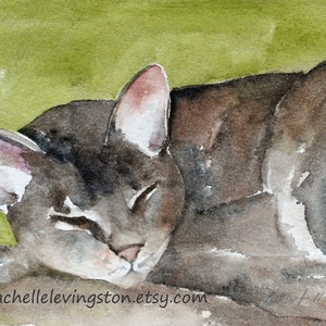 Cat Art PRINT of original watercolor cat painting, cute Grey Cat Print Gray Cat PRINT in green tan brown pet lover gift