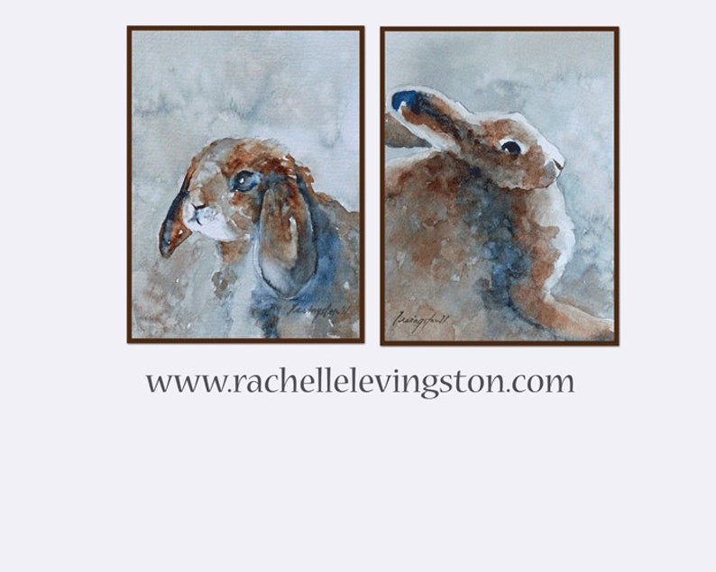 Puede incluir: Dos acuarelas de conejos. La primera pintura muestra un conejo marr&oacute;n y blanco con ojos azules mirando hacia la derecha. La segunda pintura muestra un conejo marr&oacute;n con orejas azules mirando hacia la derecha. Ambas pinturas tienen un fondo azul claro.