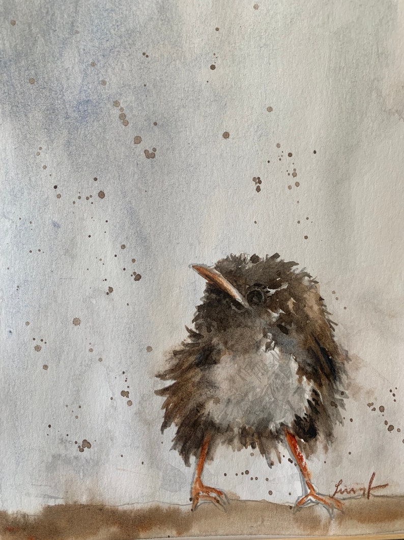 Baby bird Original watercolor painting of baby bird-ORIGINAL baby bird painting Small original painting of wren on branch 5x7 image 1