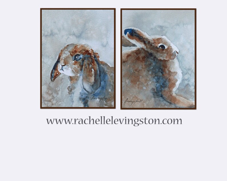 K&ouml;nnte beinhalten: Zwei Aquarelle von Kaninchen. Das erste Bild zeigt ein braunes Kaninchen mit blauen Augen, das nach rechts schaut. Das zweite Bild zeigt ein braunes Kaninchen mit blauen Augen, das nach links schaut. Beide Bilder haben einen hellblauen Hintergrund.