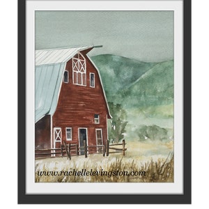 rustic decor home decor watercolor red barn painting Landscape painting of barn painting Barn art PRINT Barn print Rustic ranch farm image 2