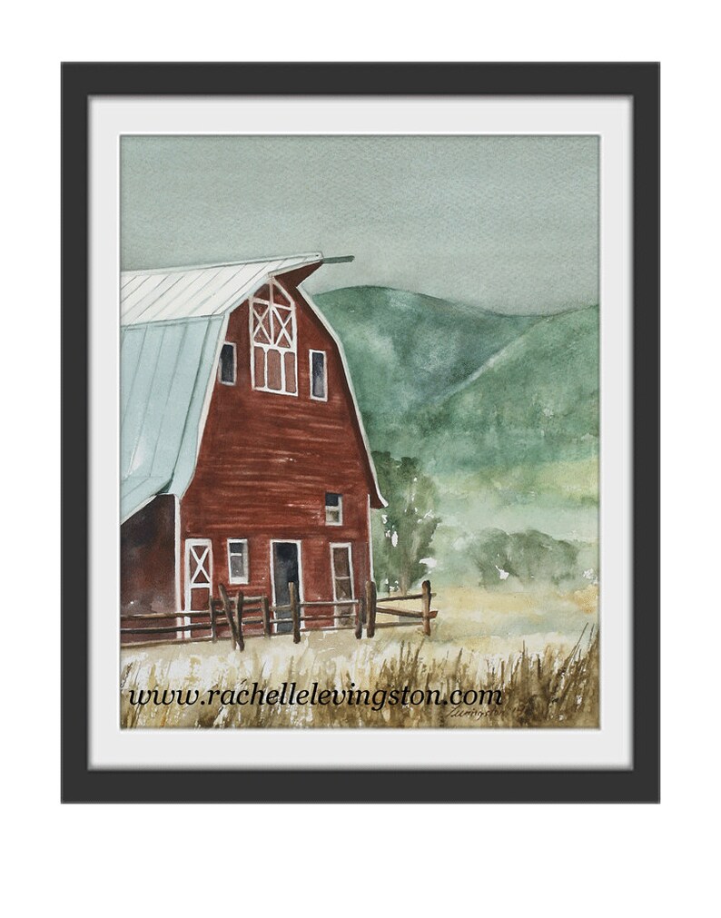 rustic decor home decor watercolor red barn painting Landscape painting of barn painting Barn art PRINT Barn print Rustic ranch farm image 2