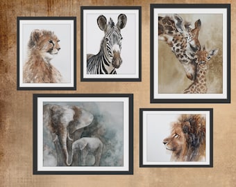 PRINT Set for boys nursery Safari art Nursery PRINTS in watercolour colour african theme boy girl zebra giraffe cheetah lion elephant