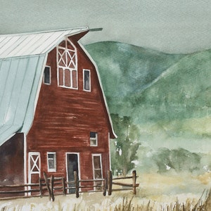 barn painting. landscape painting. watercolor painting of barn PRINT barn art print western cowboy red 4th of July decor 4th July patriotic image 1